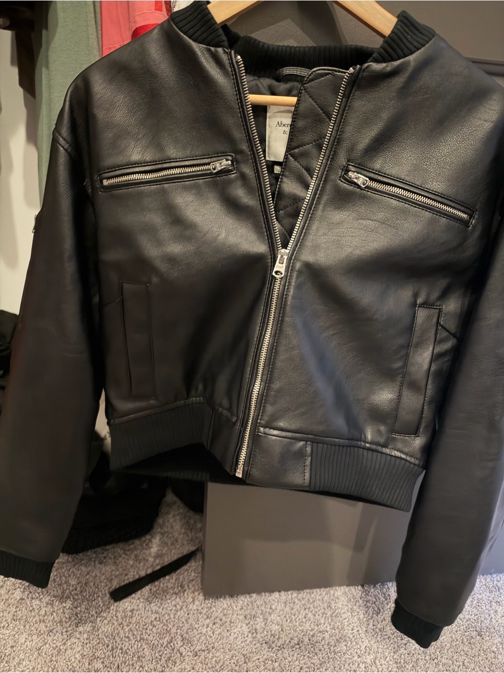 Abercrombie & Fitch Black Leather Bomber with Silver Zippers